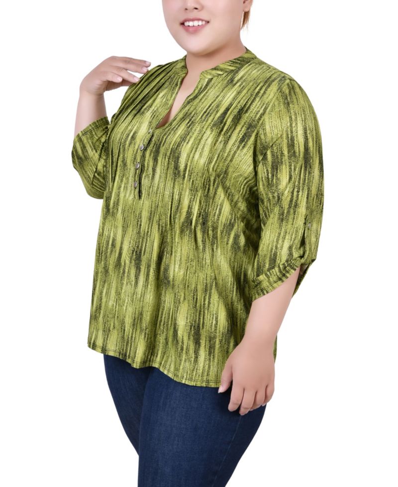 Plus Size 3/4 Roll Tab Sleeve Y-Neck Top