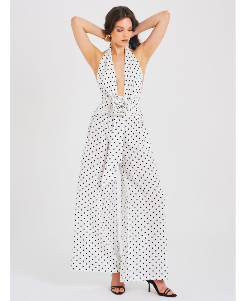 Women's Oriana White Polka Dots Halter Jumpsuit