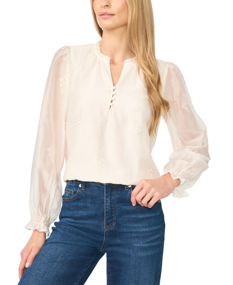 Women's Long-Sleeve Ruffle Neck Embroidered Blouse