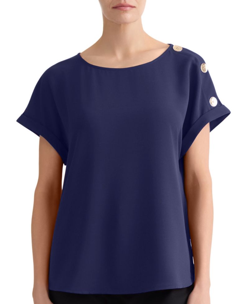 Petite Shoulder-Button-Detail Boat-Neck Short-Sleeve Blouse