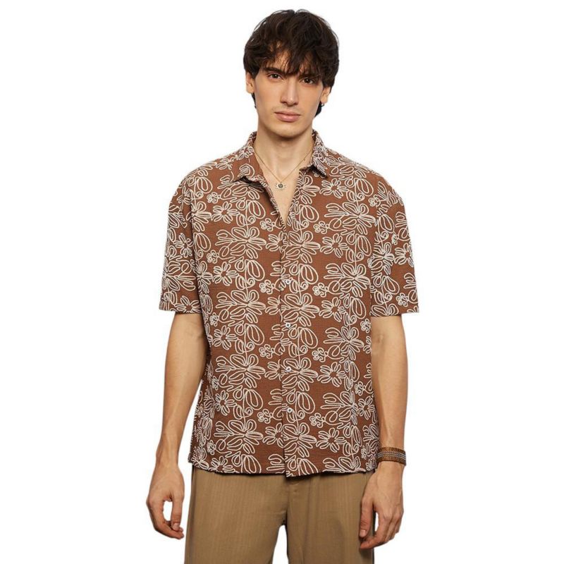Men's Mocha Brown Floral-Lined Oversized Shirt
