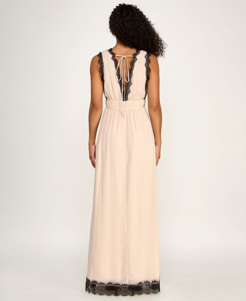 Juniors' Sleeveless V-Neck Deep Plunge Lace Trim Dress