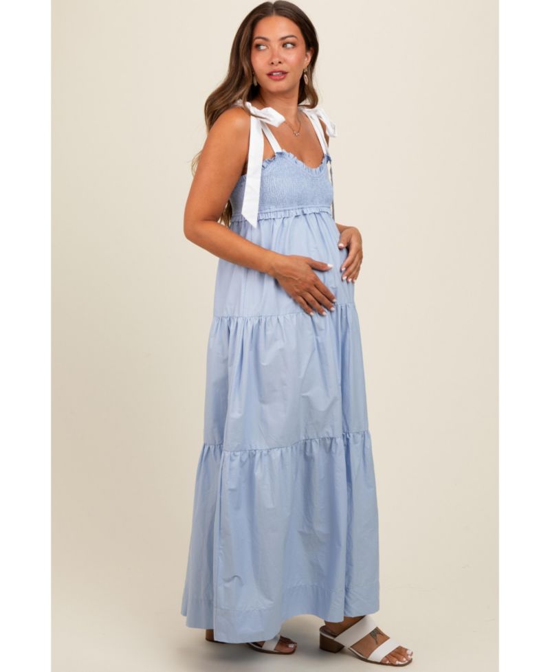 Women's Light Blue Contrast Shoulder Straps Maxi Dress