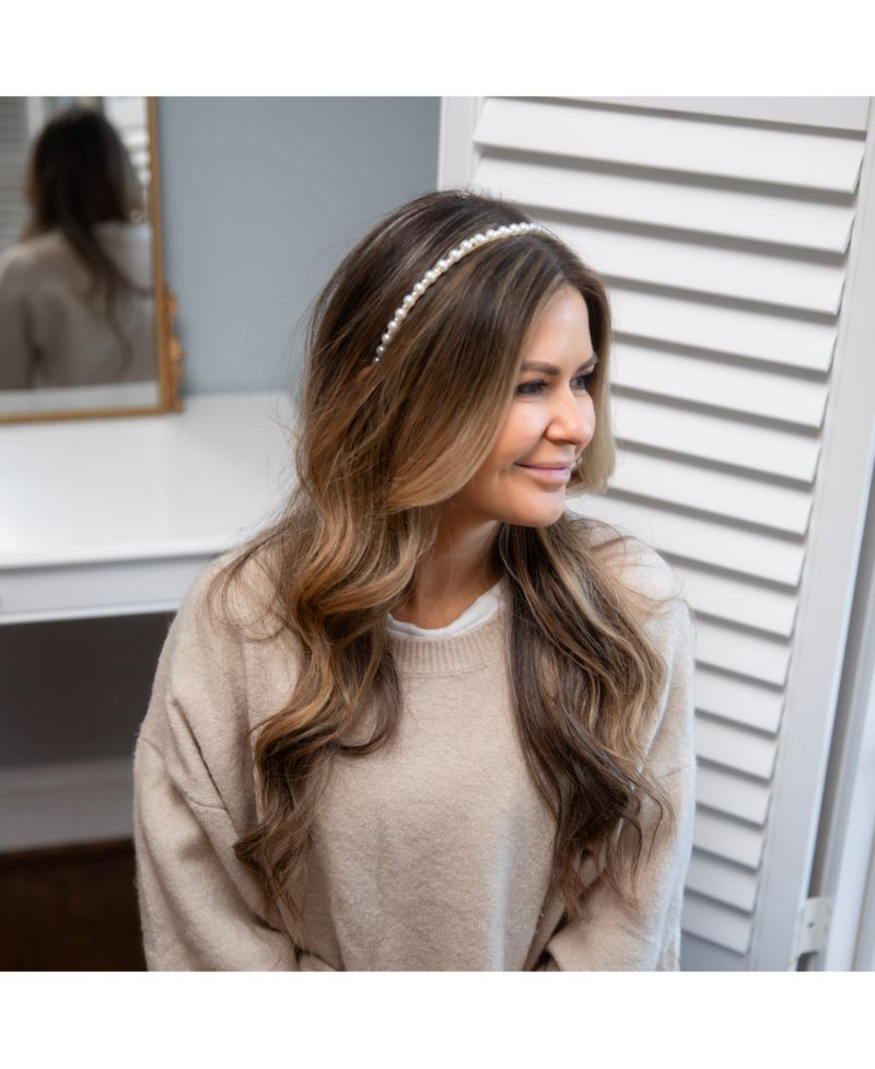 Thin Embellished Headband - White Pearl