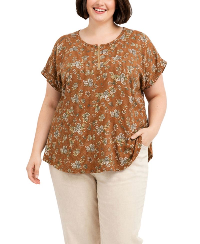 Plus Size Boho Floral Rib Zip Front Dolman Top