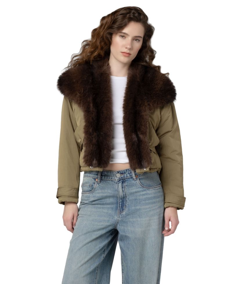Women's Shawl Collar Faux-Fur Trim Cropped Jacket