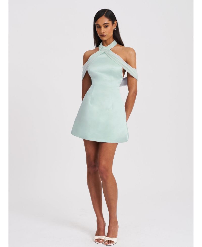 Women's Zafrina Light Cyan Halter Off-shoulder Backless Mini Dress