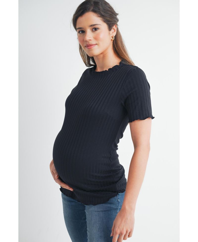 Women's Maternity Ribbed Crew Neck Short Sleeve Top with Lettuce Hem