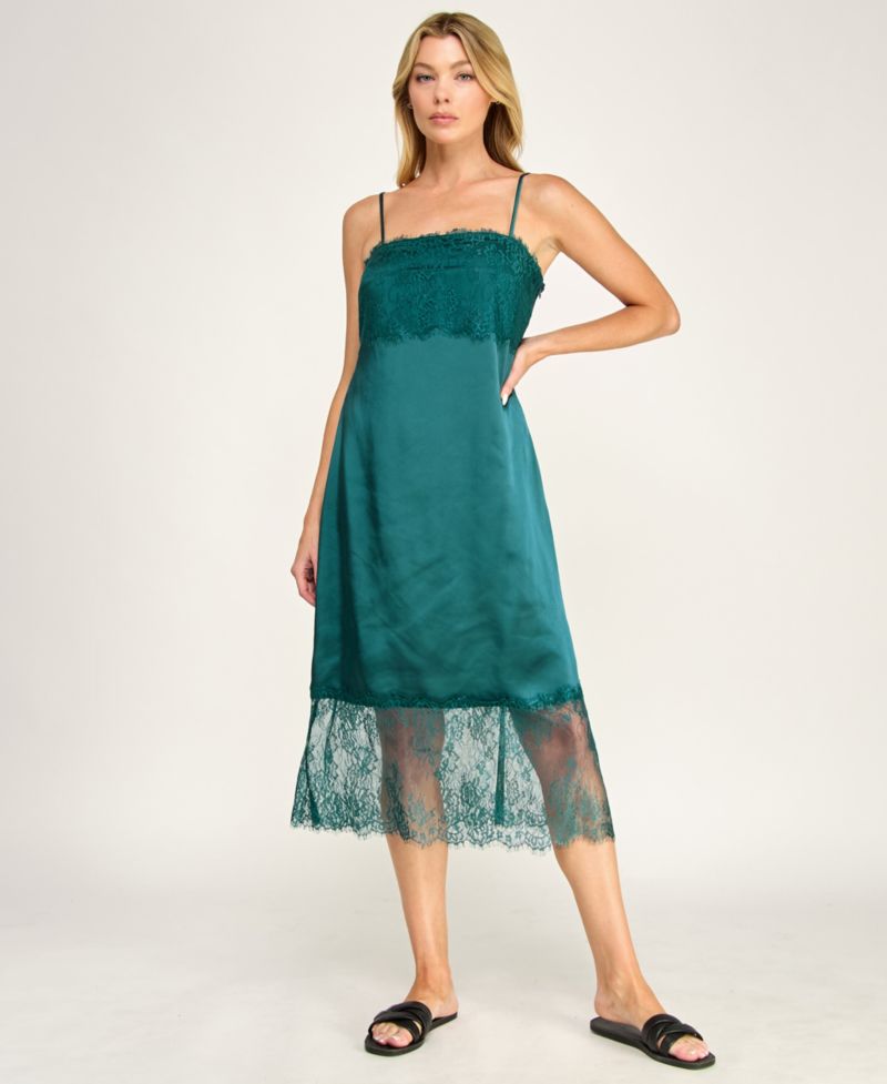 Juniors' Sleeveless Lace and Satin Slip Midi Dress