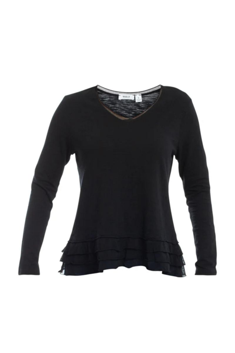 Women's Clothing V-Neck Mixed Media Long Sleeve Tee