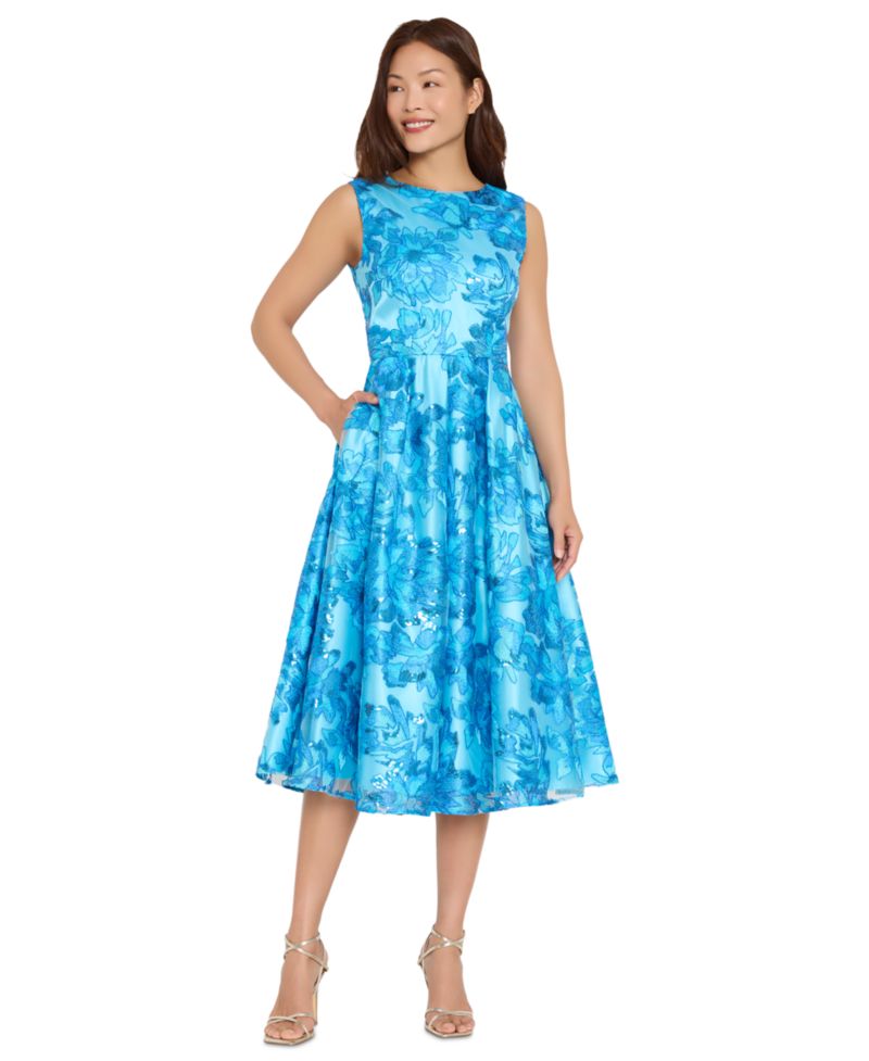Women's Embroidered Boat Neck Midi Dress