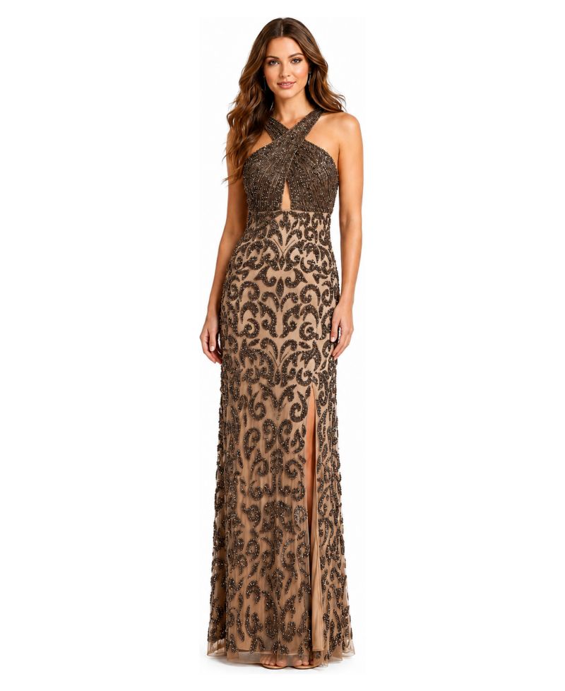 Plus Size Beaded Halter Front-Slit Dress