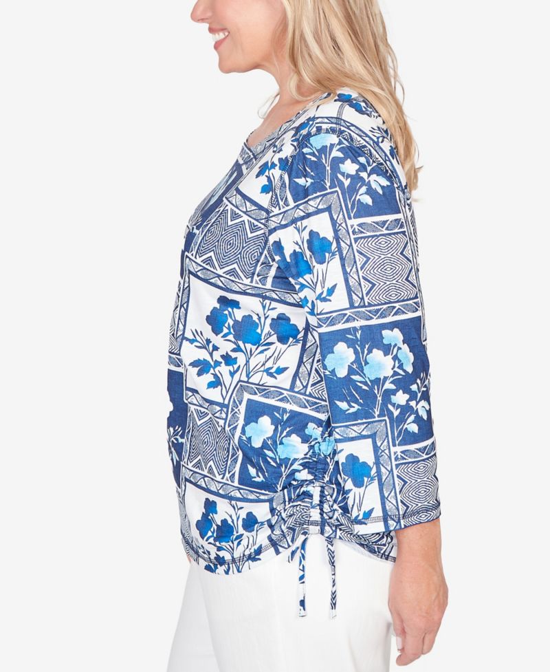 Plus Size Mykonos Framed Floral Ruched Side Tie Top