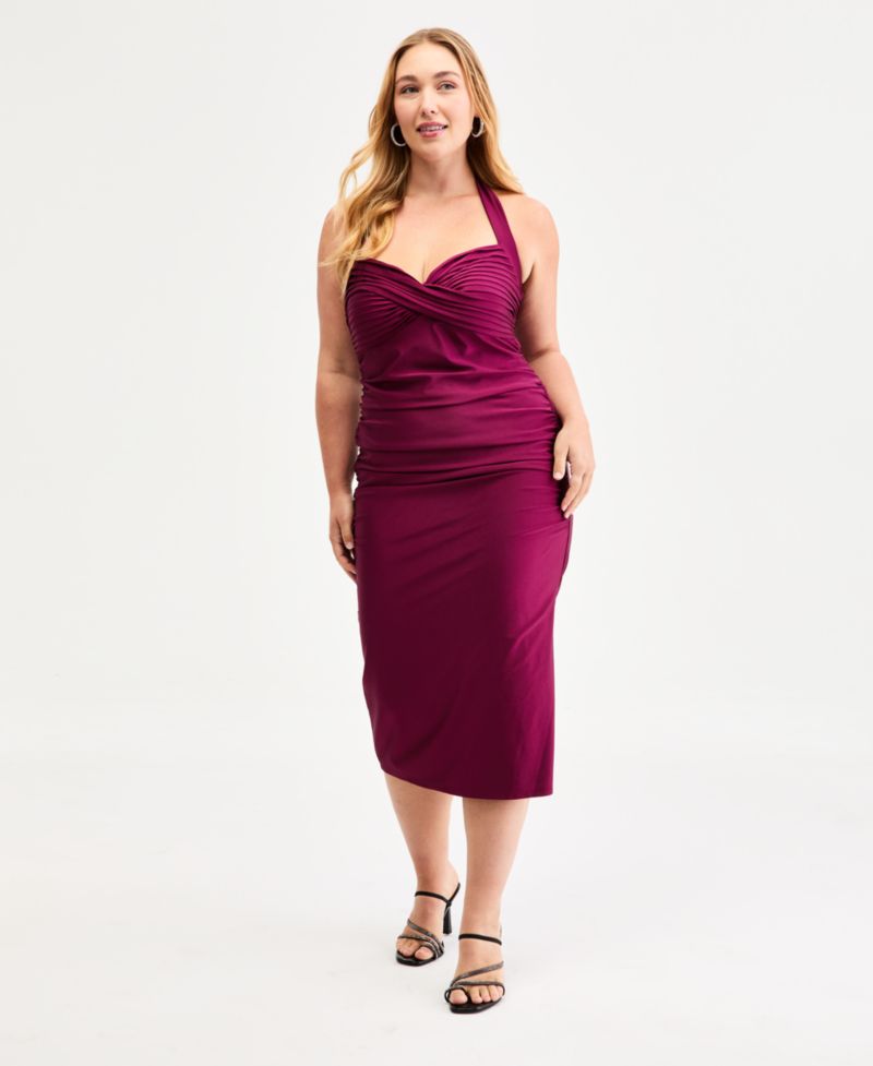 Trendy Plus Size Pleated Bodice Halter Midi Dress