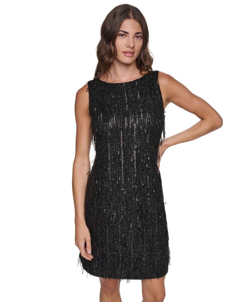 Women's Sequin Jewel Neckline Shift Dress
