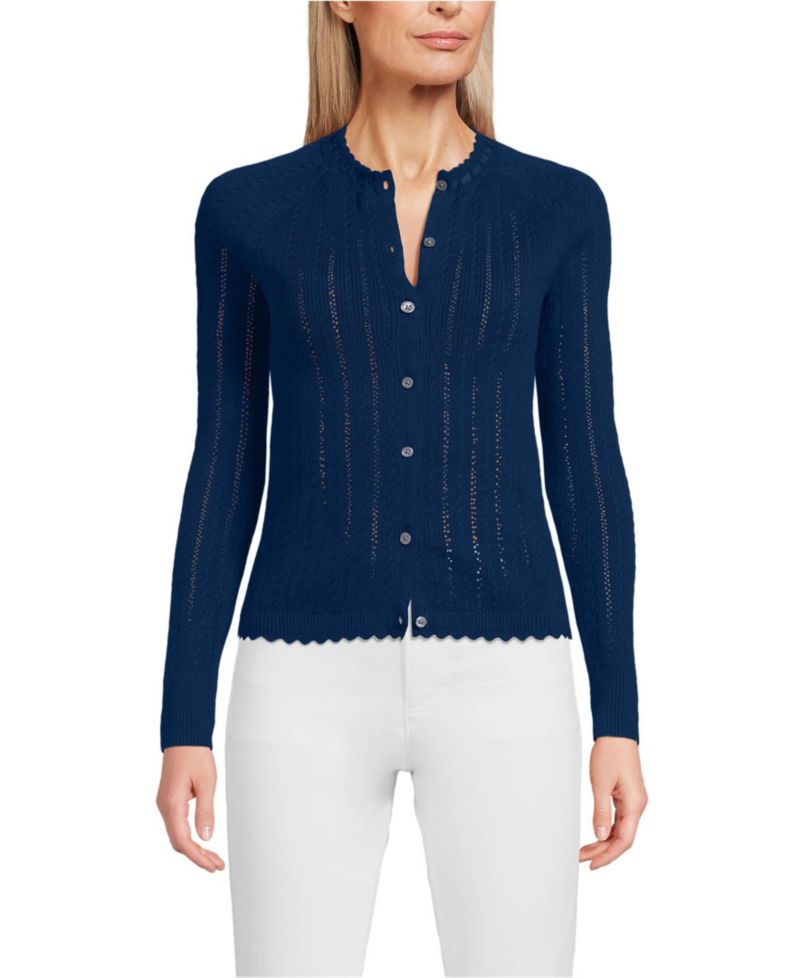 Women's Cotton Pointelle Satin Trim Cardigan Sweater