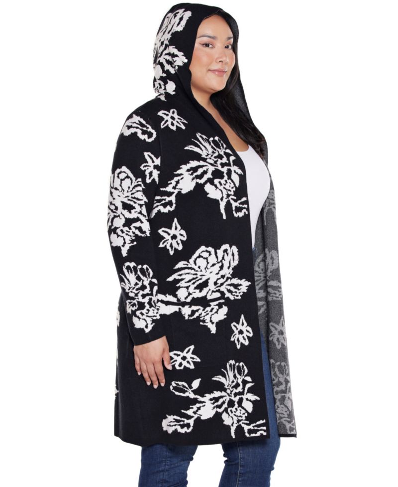 Plus Size Hooded Fall Botanicals Coatigan Sweater