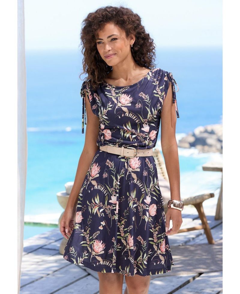 Women's Viscose Printed Tie Detail Fit-and-Flare Short Dress