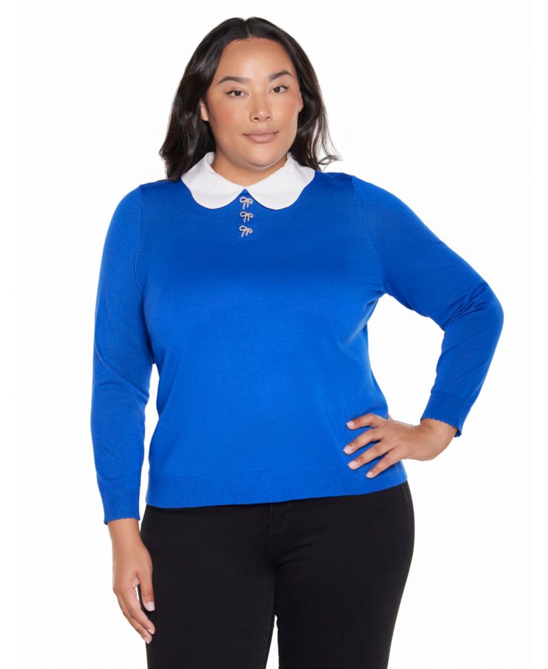 Plus Size Collared Long-Sleeve Bow-Detail Sweater