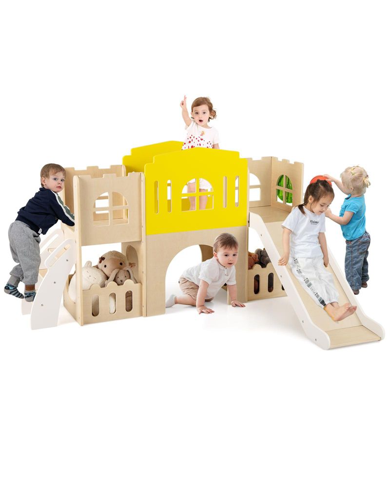 7-in-1 Toddler Slide Set Wooden Castle-Shaped Activity Center