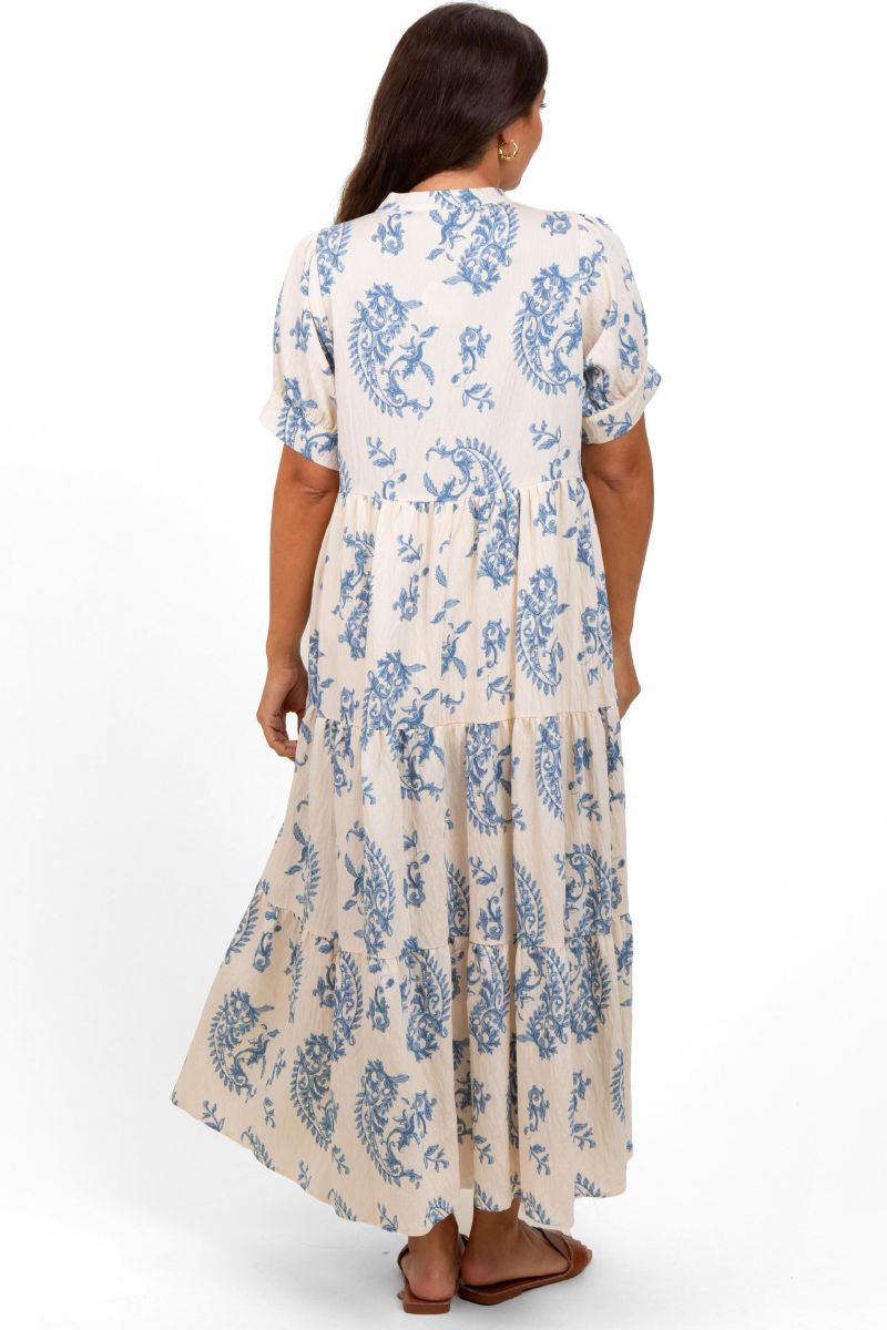 Women's Blue Paisley Button Up Tiered Maxi Dress