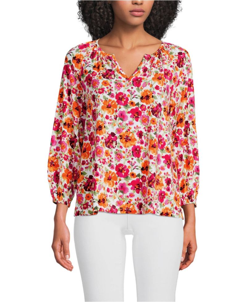 Women's Lightweight Jersey 3/4 Sleeve Notch Neck Gather Blouse