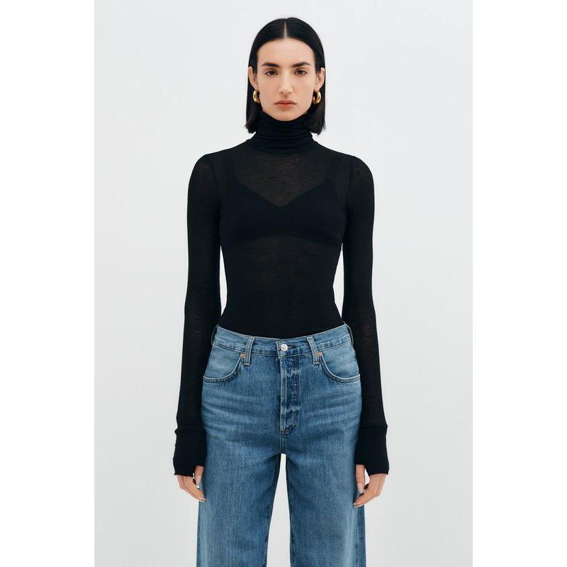 Women's Eloise Extra-Long Sheer Jersey Fitted Turtleneck with Thumbholes