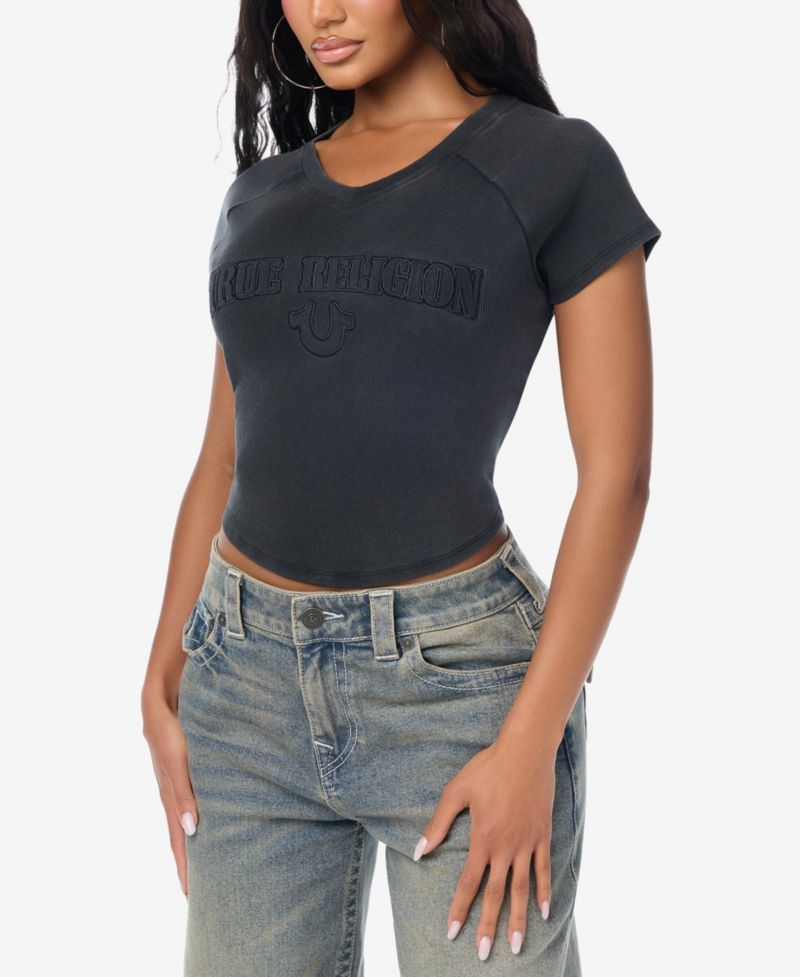 Women's Embroidered Washed Rib Baby Short-Sleeve V-Neck Crop T-Shirt