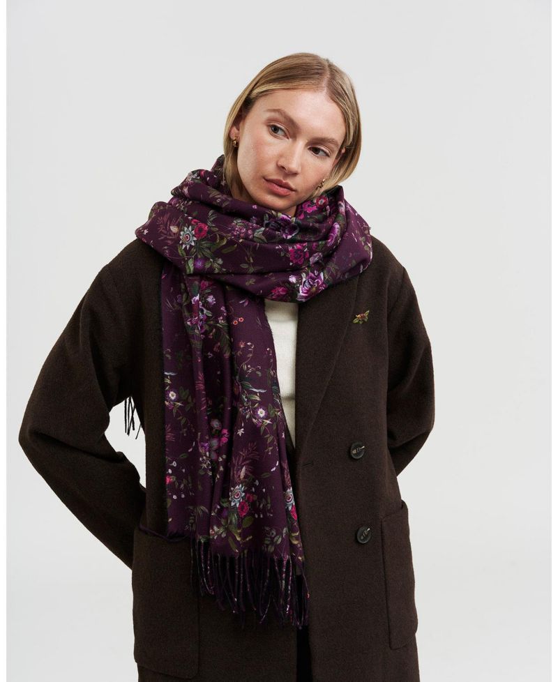 Women's Eve Floral Long Fringed Scarf in Burgundy
