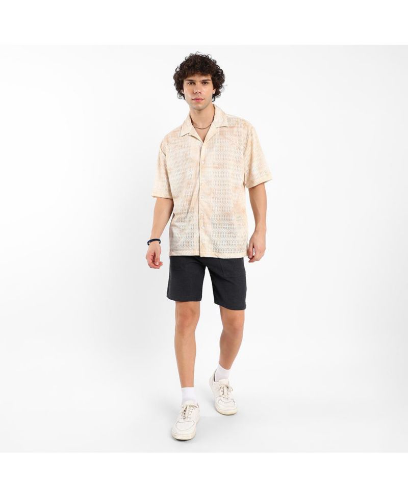 Men's Tan Brown & Ivory White Faded Woven Oversized Shirt