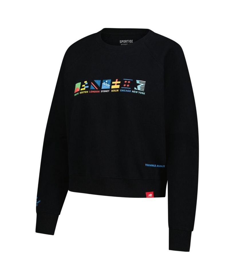 Women's Black Abbott World Marathon Majors Ashlyn French Terry Raglan Crewneck Sweatshirt