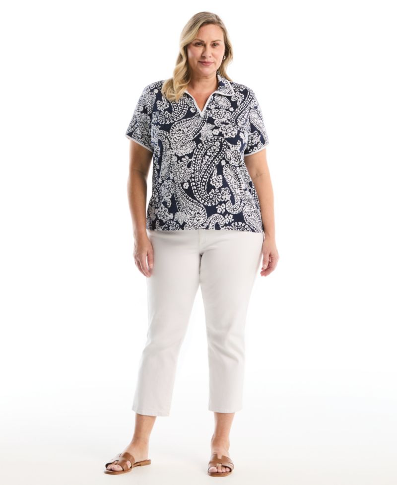 Plus Size Paisley Print Contrast Trim Johnny Collar Short-Sleeve Polo Shirt