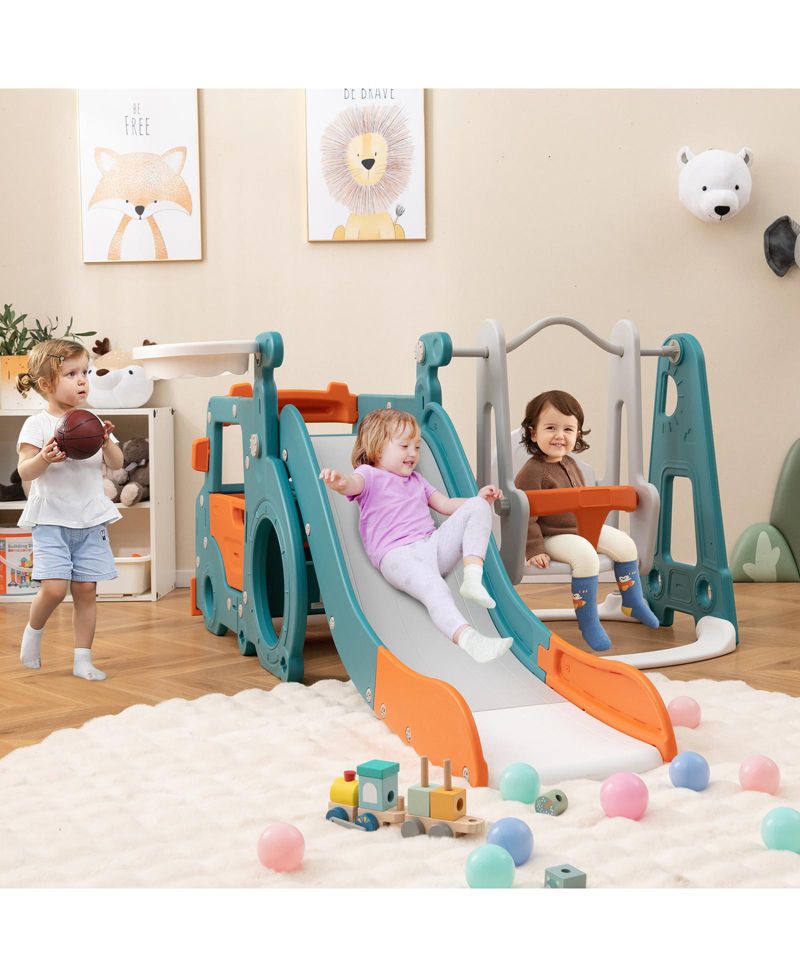 Kids' 5-in-1 Slide and Swing Set with Mini Bus and Basketball Hoop