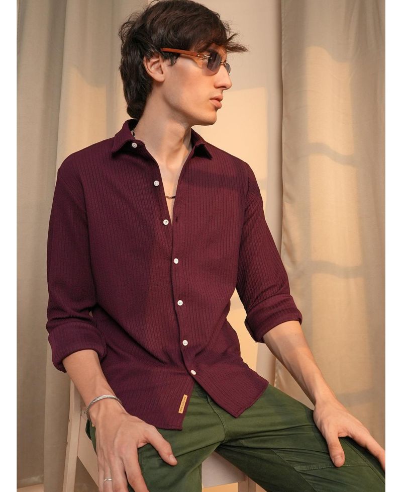 Men's Maroon Red Stripe-Creased Shirt