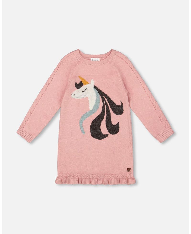 Girl Knitted Dress Dusty Pink with Unicorn Intarsia - Toddler|Child