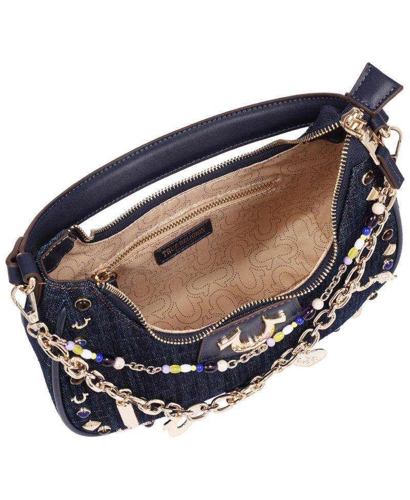 Women's Studded Denim Shoulder Bag with Removable Charm Chain