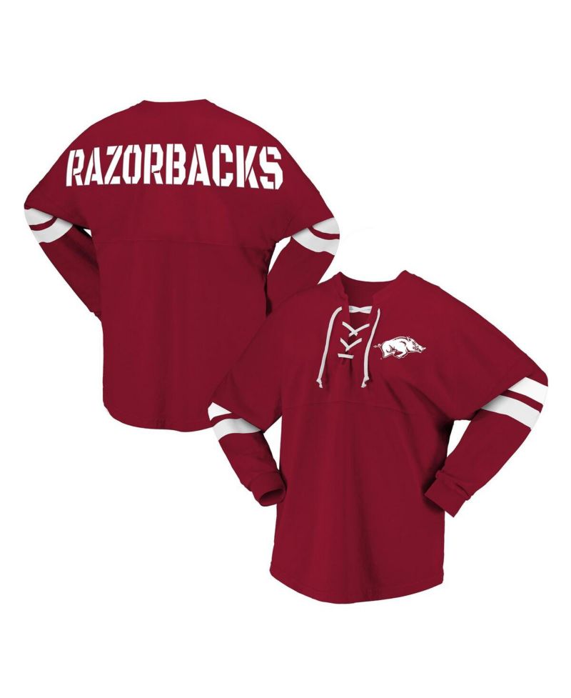Women's Cardinal Arkansas Razorbacks Lace-Up V-Neck Long Sleeve T-Shirt