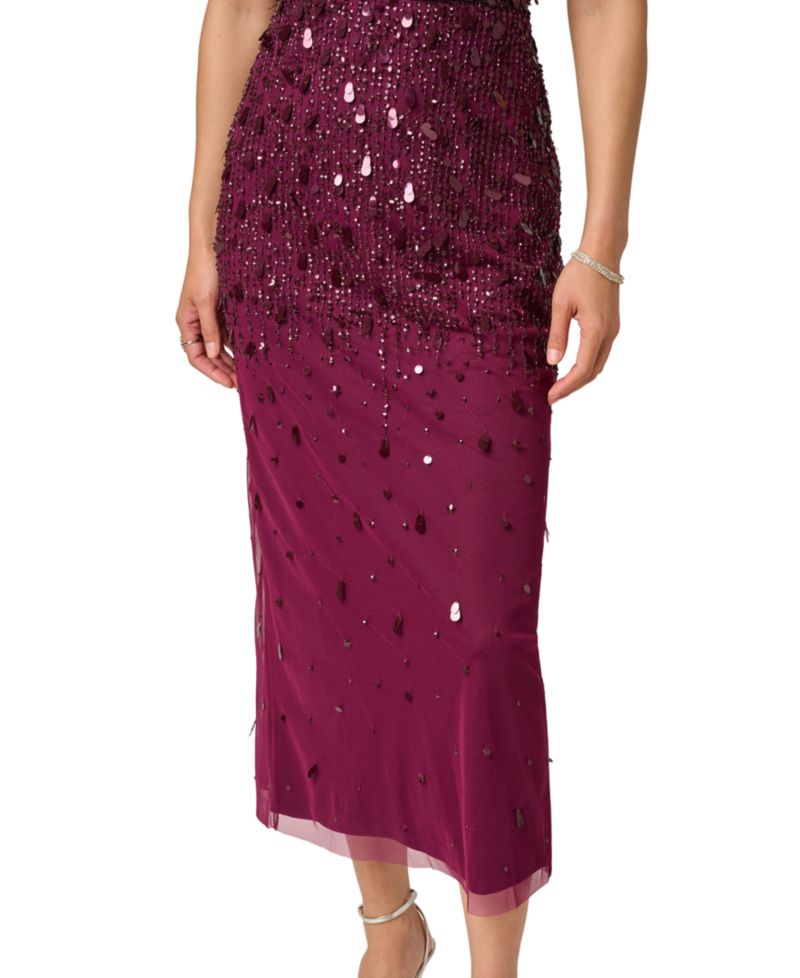 Petite Beaded Mesh Flutter-Sleeve Dress