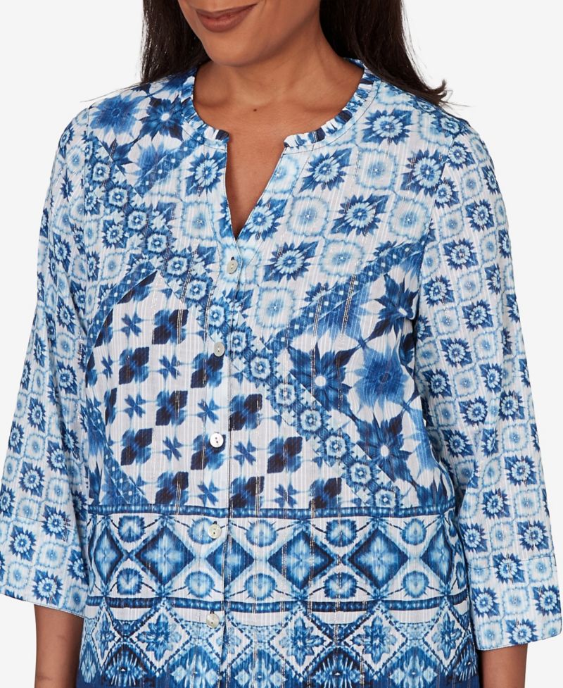 Petite Ikat Tie-Dye Patchwork Henley Top