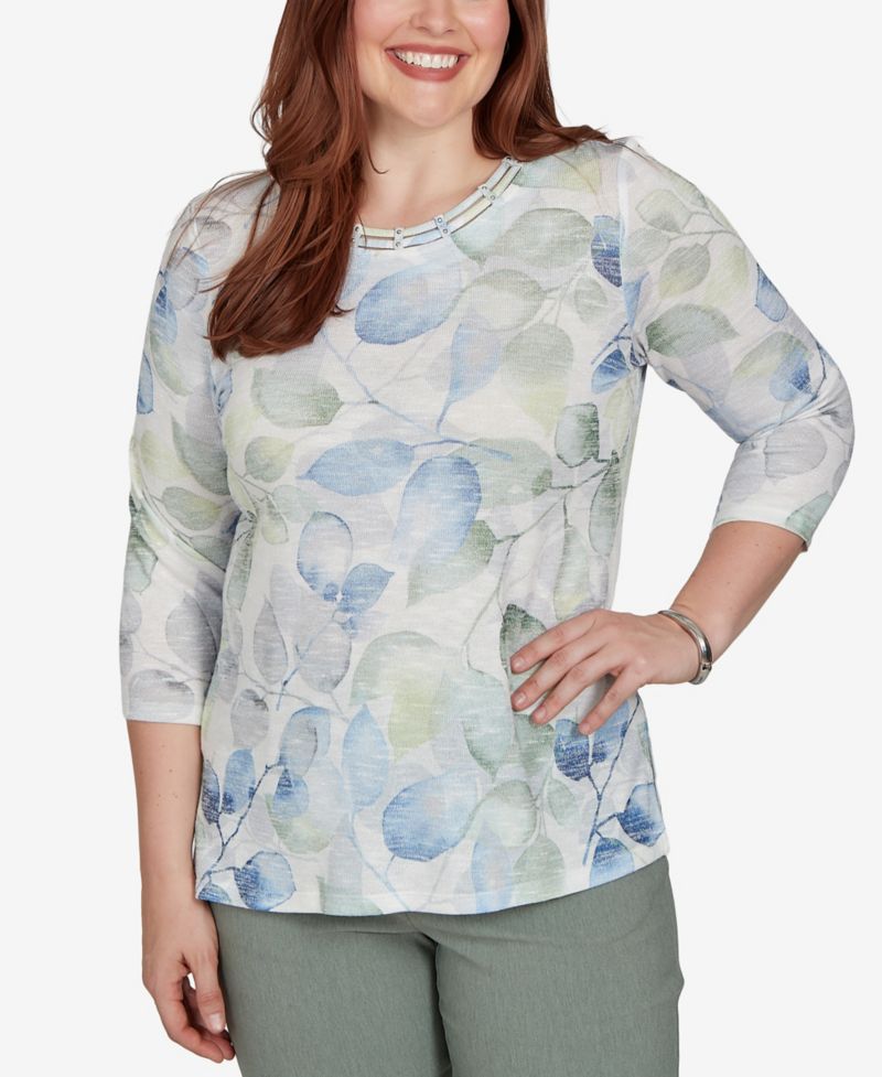 Petite Provence Watercolor Leaf Print 3/4 Sleeve Top