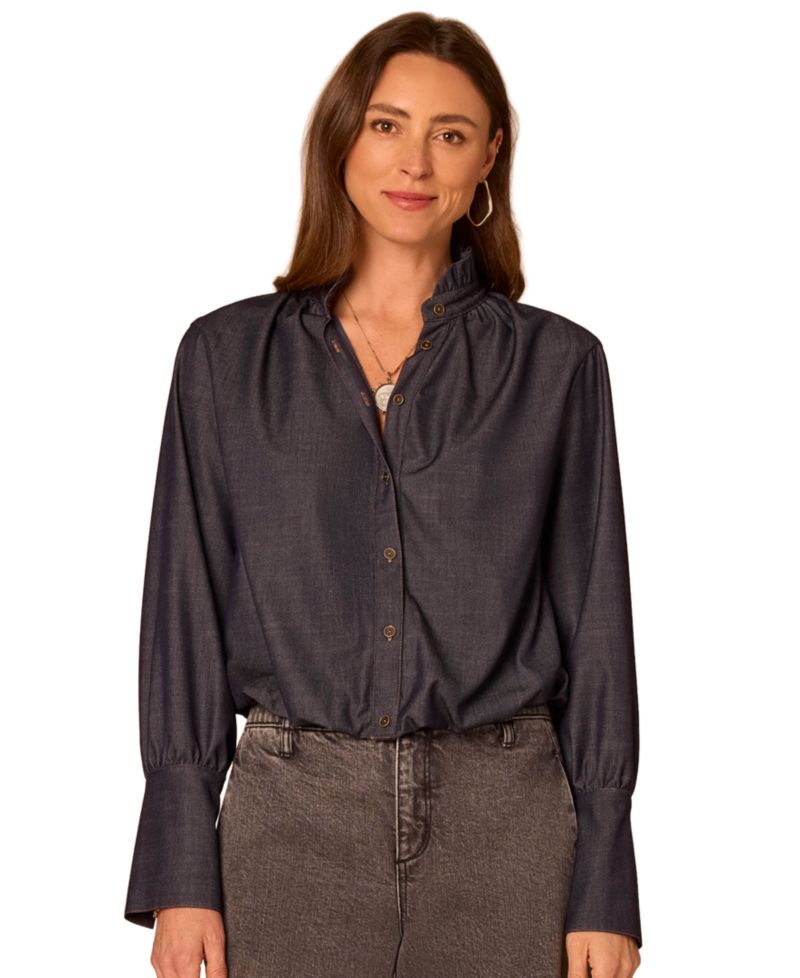 Petite Long French Cuff Ruffle-Neck Blouse