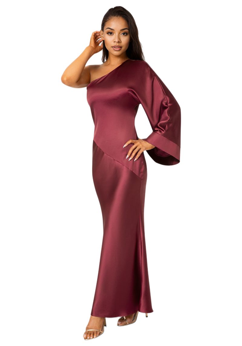 Womens One Shoulder Bell Sleeve Satin Dress