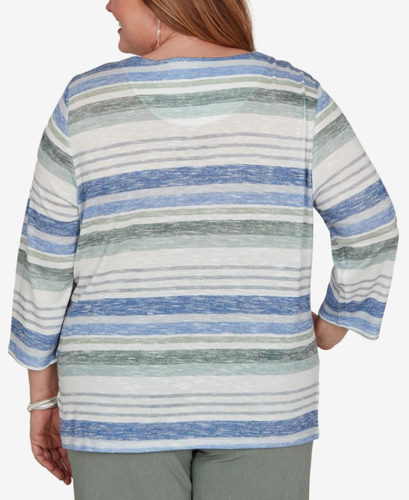 Plus Size Provence Striped Crewneck 3/4-Sleeve T-Shirt