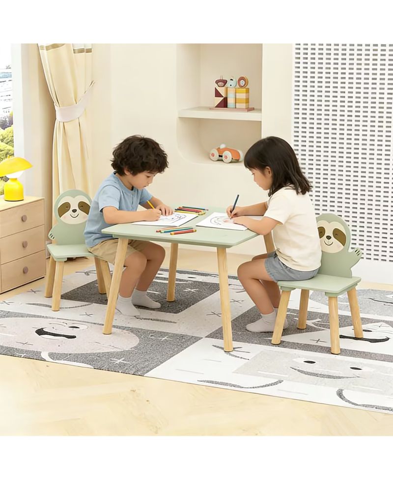 Kids Table and Chair Set, with 2 Cute Sloth Chairs, Wood Activity Tables Drawing Play Table Set, for Age 2-6 Boy Girl
