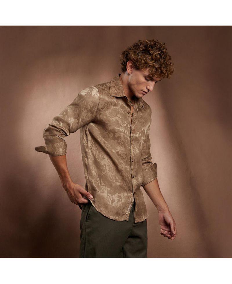 Men's Peanut Brown Flora-Textured Shirt