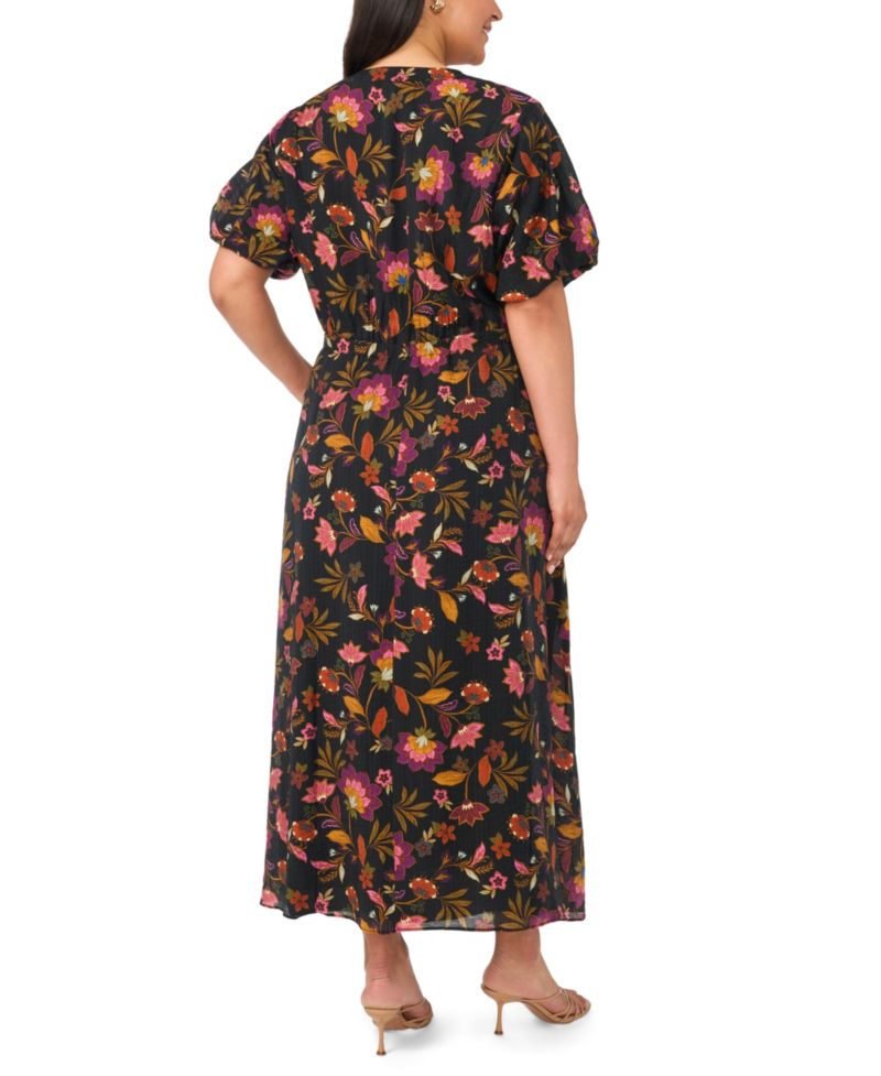 Plus Size V-Neck Puff-Sleeve Self-Tie Waist Maxi Dress