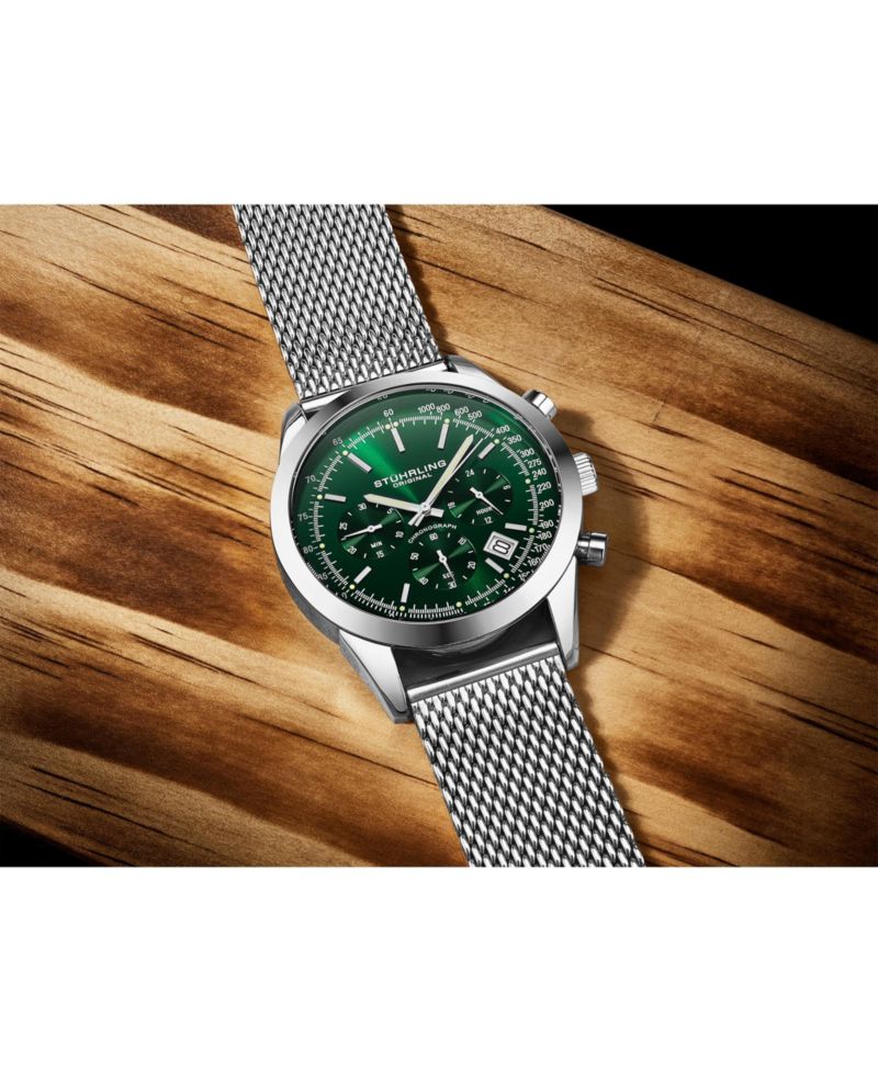 Rialto 3975.9 Men s Chronograph Watch - Quartz Movement, 44mm Silver-Tone Case, Green Dial, Stainless Steel Mesh Bracelet
