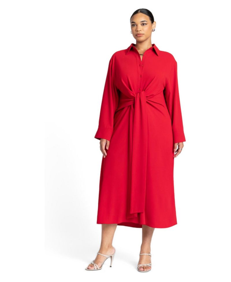 Women's Tie-Front Oversized Midi Shirt Dress
