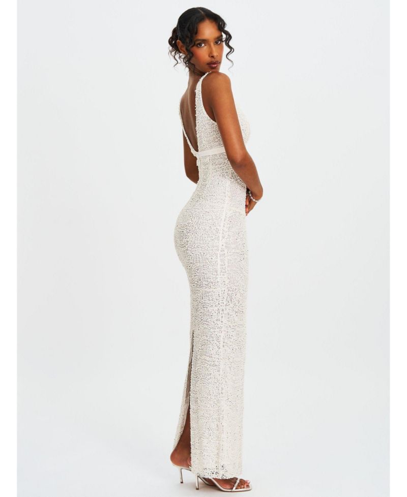 Women's Adelaide White Beaded Sequin Net Bodycon Gown