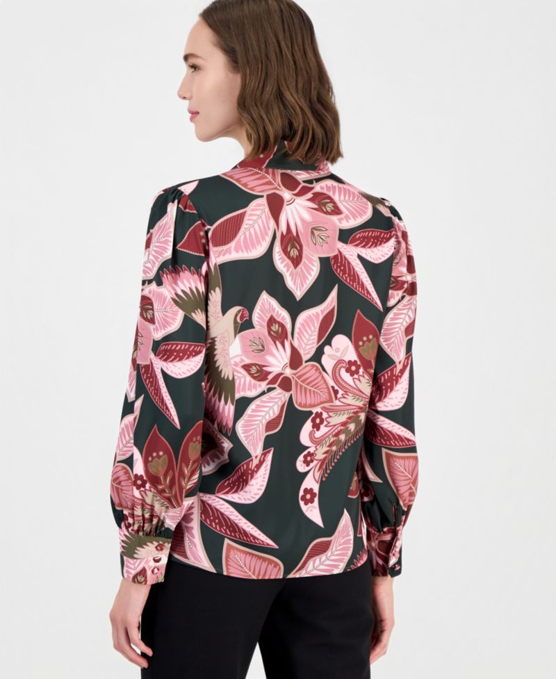 Women's Long-Sleeve V-Neck Bow Tie Floral-Print Blouse
